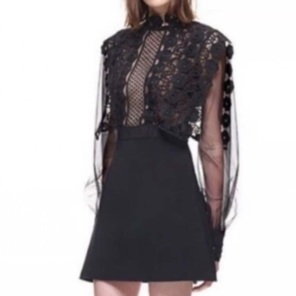 Self Portrait flower applique sheer sleeve dress